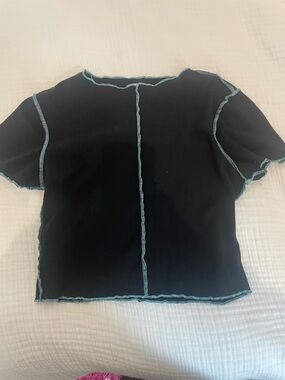 Princess Polly Black Crop Top with Light Blue Contrast Stitching